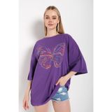 Tarzsokak Kadın Mor Oversize T-Shirt Ön Lazer Kelebek Baskılı Tişört, Mor, Xl