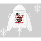 Tarzsokak Kapşonlu Crop Sweatshirt Daruma Kedi Anime Baskılı
