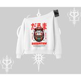 Tarzsokak Kayık Yaka Sweatshirt Daruma Kedi Anime Baskılı
