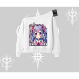 Tarzsokak Kayık Yaka Sweatshirt Hello Anime Kız Sevimli Karakter Baskılı