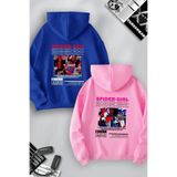 Tarzsokak Sevgili Çift Kombin Spider Boy Ve Girl Sırt Baskılı Özel Tasarım Kapüşonlu Sweatshirt, Mavi-80, L