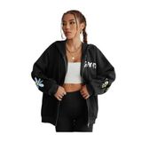 Tarzsokak Siyah Kalın 3 Iplik Fermuarlı Kelebek Baskılı Kapşonlu Pamuklu Çift Cepli Sweatshirt