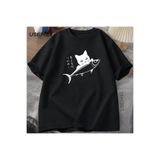 Tarzsokak Siyah Kedi T-Shirt Komik Japon Balık Tshirt Kawaii Kedi Sevgilisi T Shirt Kadın Erkek Grafik 2944