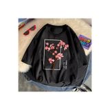 Tarzsokak Siyah Kiraz Ağacı Tam Çiçek Omuz Damla Retro Özgünlük Tshirt, Siyah-46, M
