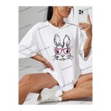 Tarzsokak Unisex Bay Kadın Karikatür Tavşan Baskılı Bol Kesim Tişört Kod-1354, Beyaz, S