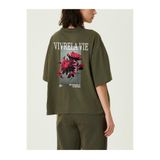Tarzsokak Unisex Haki Vivre La Vie Baskılı Oversize Bisiklet Yaka Penye Tişört, Haki, S