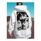 Tarzsokak Unisex Kadın/Erkek Beyaz Anime Out Baskılı Oversize Kapüşonlu Sweatshirt, Beyaz, S/M