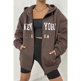 Tarzsokak Unisex Kahverengi Newyork Baskılı Oversize Hırka Newyork2022 Kahverengi