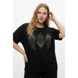 Taş Detay Tasarım Bambu Kumaş Yarasa Kol Bluz M-6XL-Siyah Yaprak-L