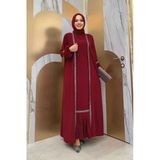Taş Detaylı Abaya Sıfır Kol Elbise Takım 3657 Bordo