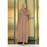 Taş Detaylı Abaya Sıfır Kol Elbise Takım 3657 Vizon