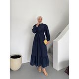 Taş Düğme Detaylı Tam Boy Astarlı Maria Tasarım Tesettür Elbise - Lacivert - 1