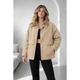Taş Oversize Kadife Yaka ve Çıtçıt Detaylı Unisex Mevsimlik Mont&ceket
