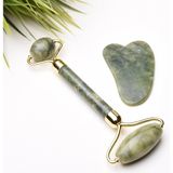 Taş Sepeti Yeşim Jade Roller Ve Yeşim Kalp Gua Sha Masaj Taşı Premium Set - Renkli