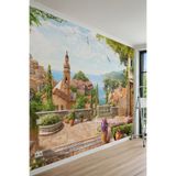 Taş Sokak, Çiçek Saksıları ve Sahil Kasabası Manzaralı Tek Parça Tekstil Duvar Kağıdı, 300 x 240, DW2025-1529