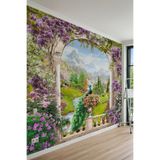 Taş Sokak, Çiçek Saksıları ve Sahil Kasabası Manzaralı Tek Parça Tekstil Duvar Kağıdı, 450 x 280, DW2025-1530