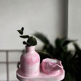 Taş Tozu Kalıbında 3lü Dekoratif Kokulu Mum Seti, Soya Mum, Vazo - Fuşya - Pembe