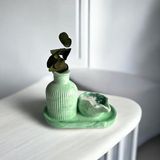 Taş Tozu Kalıbında 3lü Set, Dekoratif, Hediyelik, Istridye Mum, Vazo - Açık Yeşil