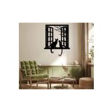 Tasarım Ahşap Dekoratif Pencerede Kediler Tasarımı Siyah 100 x 150