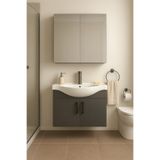 Tasarım DMZ Home Concept Nova 80 cm Banyo Dolabı Takımı – Tamamı MDF - Antrasit – Oval Seramik Lavabolu – Aynalı Üst Modüllü