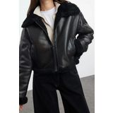 Tasarım Düz Astarsız Yaka Standart Oversize Gömlek Kadın Peluş Detaylı Biker Ceket Mont
