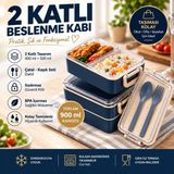 Tasarım Evi 2 Katlı Bölmeli Sefer Tası / Beslenme Kabı (900ML) - Kaşık Çatal Setli, Sızdırmaz ve Bpa Içermez - Lacivert