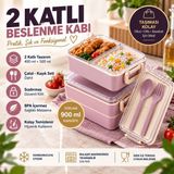 Tasarım Evi 2 Katlı Bölmeli Sefer Tası / Beslenme Kabı (900ML) - Kaşık Çatal Setli, Sızdırmaz ve Bpa Içermez - Pembe