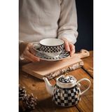 Tasarım Evi 4 Parça Dama Desenli Gold Çay ve Kahve Fincanı + Porselen Demlik Seti - Siyah - Beyaz