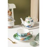 Tasarım Evi Peacock 4 Parça Tavus Kuşu Desenli Çay ve Kahve Fincanı + Porselen Demlik Seti - Renkli