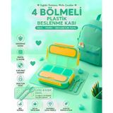 Tasarım Evi Sızdırmaz Kapaklı, Çatal ve Kaşıklı 4 Bölmeli Çocuk Beslenme Kabı / Beslenme Kutusu - Açık Yeşil