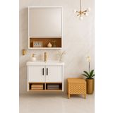 Tasarım Legna 65 cm Banyo Dolabı Takımı – Beyaz & Ahşap – MDF – Seramik Lavabolu – Alt ve Üst Dolap