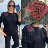 Tasarım Omuzu Motifli ve Taşlı Püskül Detaylı Sweatshirt - 000-Siyah