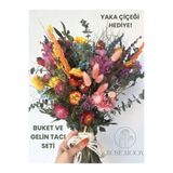 Tasarım RoseMoon El Yapımı Sonbahar Kuru Çiçek Gelin Seti -Buket,Taç,Yaka Çiçeği