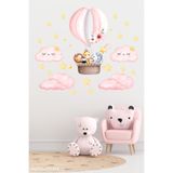 Tasarım Soft Pembe Uçan Balon ve Sevimli Hayvanlar Çocuk Odası Duvar Sticker Seti, Cam Sticker