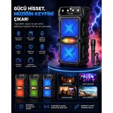 Taşınabilir Bluetooth Parti Hoparlörü, Mikrofonlu Karaoke Seti, Renkli LED Işıklı, FM Radyo ve USB/TF Kart Destekli - Ses Bombası