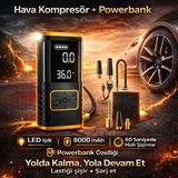 Taşınabilir Oto Hava Kompresörü Şarjlı Powerbankli Göstergeli Araç Lastik Şişirme Kompresörü - Siyah