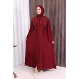 Taşlı Boncuklu İşleme Detaylı Ferace 7882 Bordo