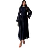 Taşlı Fırfır Detaylı, Uzun Kollu, Oversize Kalıp, Bisiklet Yakalı, 36-46 Beden Şifon Elbise (Standart, Lacivert, 42)