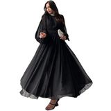 Taşlı Fırfır Detaylı, Uzun Kollu, Oversize Kalıp, Bisiklet Yakalı, 36-46 Beden Şifon Elbise (Standart, Siyah, 46)