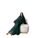 Taşlı Fırfır Detaylı, Uzun Kollu, Oversize Kalıp, Bisiklet Yakalı, 36-46 Beden Şifon Elbise