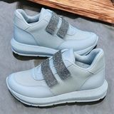 Taşlı Simli Düz Beyaz ve Siyah Cırtlı Ortopedik Bayan Spor Sneakers Ayakkabı - 001 - Beyaz
