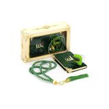 Taşlı Zikirmatik - Mini Kadife Yasin - İnci Tesbihli Hediyelik Set - Yeşil Renk