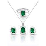 TASLİDUSLERJEWELRY Zümrüt Işıltılı 925 Ayar Gümüş Takı Seti Lüks Görünümlü Dikdörtgen Zirkon Kolye Küpe Yüzük