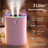 Tastech 3 Litre Oda Hava Nemlendirici Çift Nozul Humidifier Rgb LED Işıklı Buhar Makinesi - Pembe