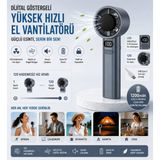 Tastech F-21 Şarjlı El Fanı Dijital Göstergeli Serinletici Fan 120 Kademe Hız Ayarı Pil Şarj Göstergesi Mini Vantilatör Klima -Gri