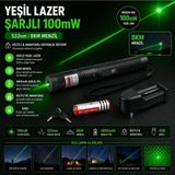 Tastech Laser 303 Yeşil Lazer Şarjlı 100mw 532nm 8km Menzil Kilitli Anahtarlı 4800mah Şarjlı Pil Green Laser Pointer