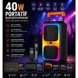 Tastech NDR-1097 Bluetooth Speaker Kablosuz Mikrofonlu Taşınabilir Şarjlı Tekerlekli Büyük Boy Party Speaker 40W Hoparlör Hafıza Kartı USB Girişli Tws Özellikli Fm Radyolu Ses Sistemi - Siyah