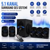 Tastech TS-52 5.1 Kanal Surround Ses Sistemi, Bluetooth, FM Radyo, SD Kart, USB Girişli, Uzaktan Kumandalı, Siyah