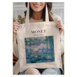 TATA CRAFT Monet Water Lilies Omuz Çantası 35x40cm Ham Bez Çanta