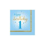 TATLI GÜNLER MAVİ HAPPY BİRTHDAY 1 YAŞ BASKILI Sunumluk Peçete 16 Adet Doğum Günü Parti Konsepti